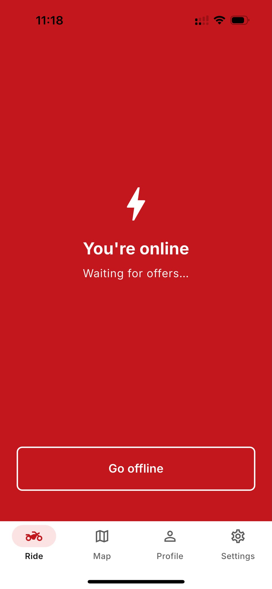 The driver app, online and waiting for offers